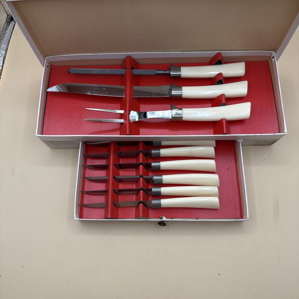 Vintage FORGECRAFT - Stainless Steel - USA - MEAT CARVING SET W STEAK KNIVES